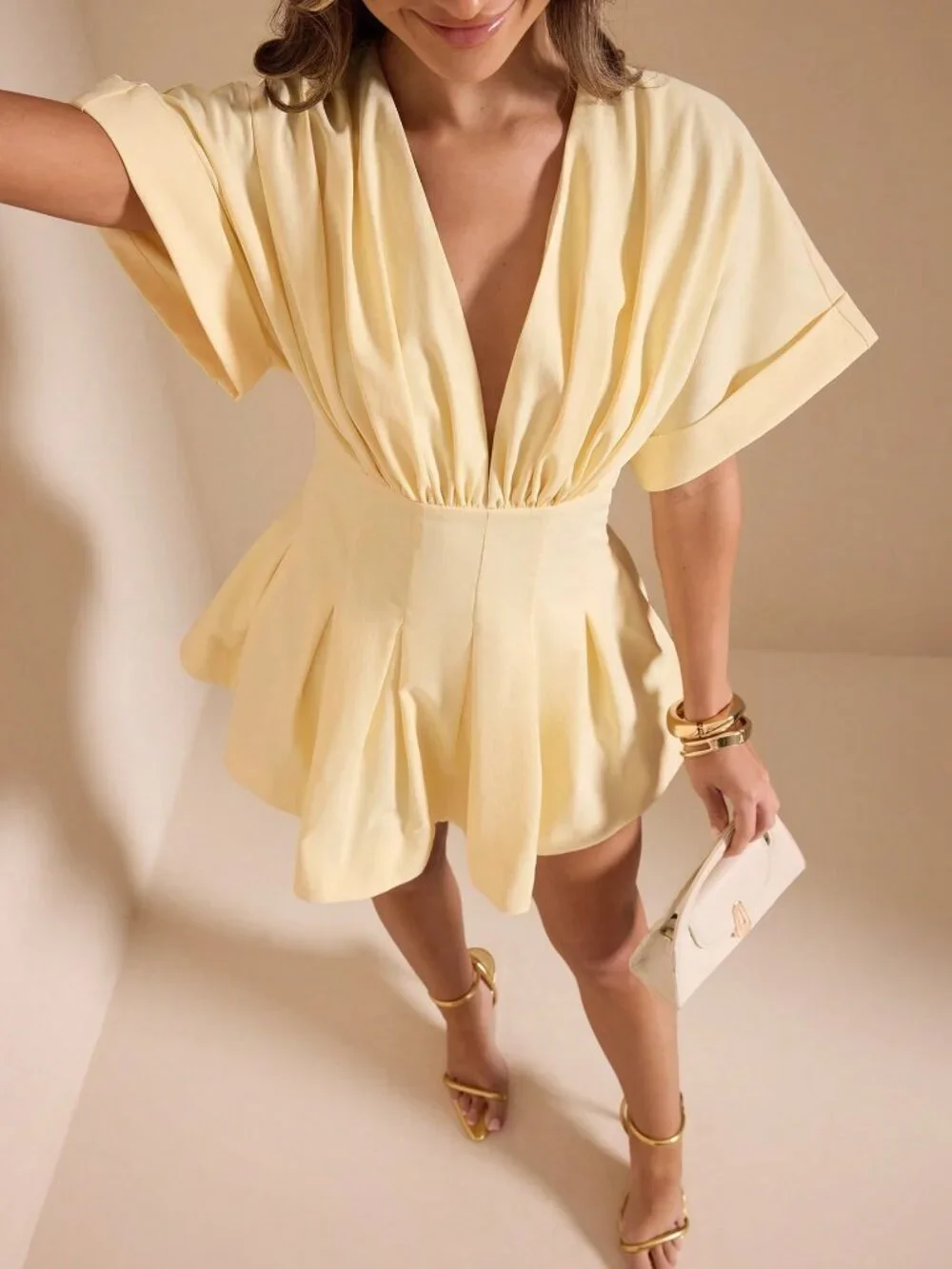 Yellow Casual Women's Deep V-Neck Short Sleeve A-Line Elegant Graceful Dress